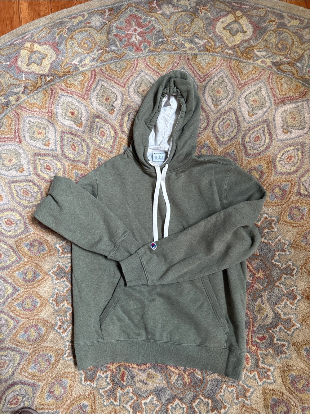 Champion Heather Heavy Olive Green Men's Hoodie with White Drawstrings